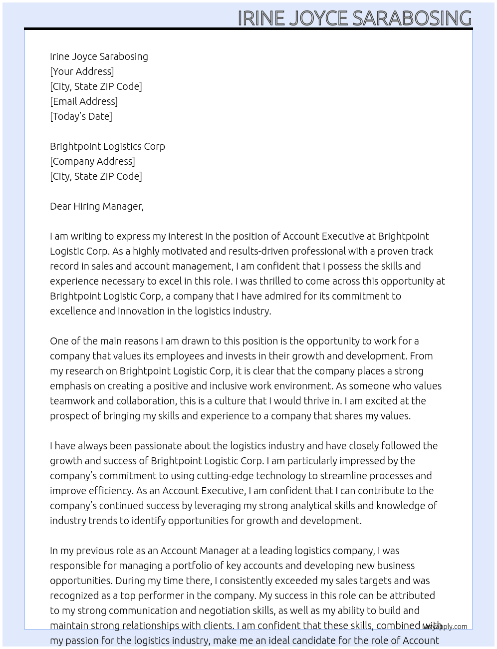 Account Executive At Brightpoint Logistic Corp Cover Letter