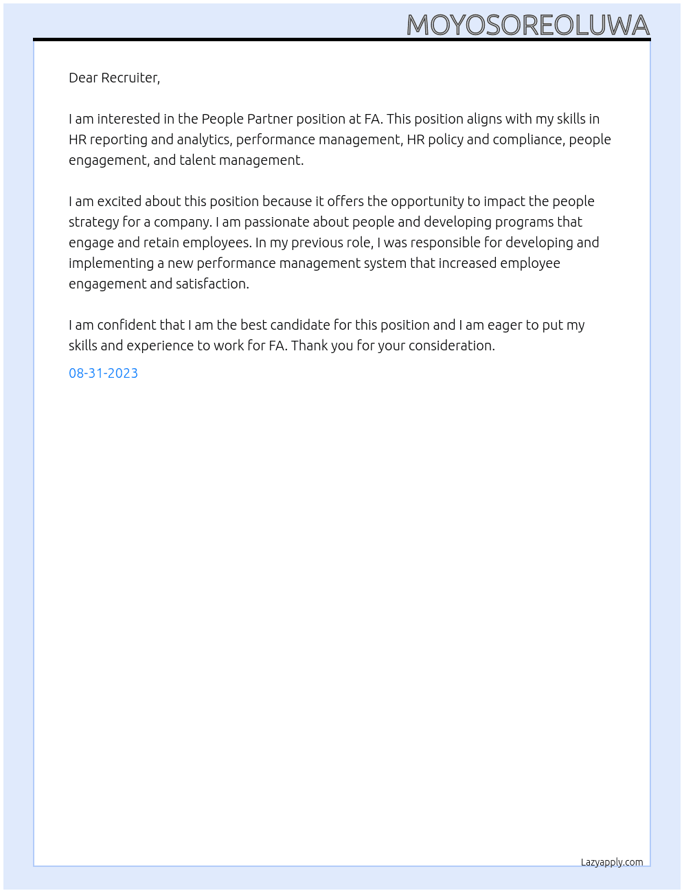 People Partner At FA Cover Letter
