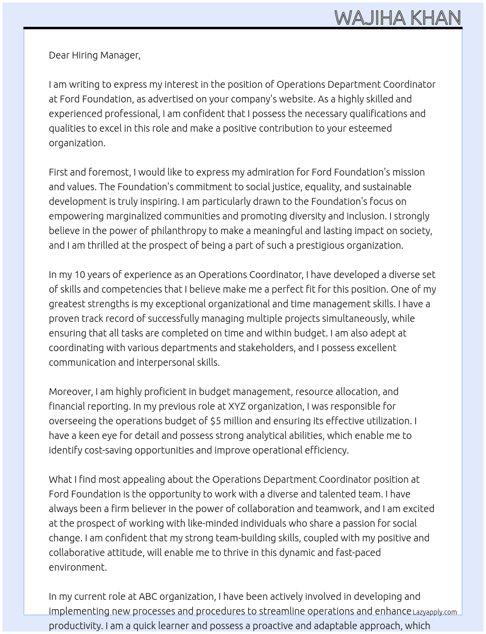 Operations Department Coordinator At Ford Foundation Cover Letter