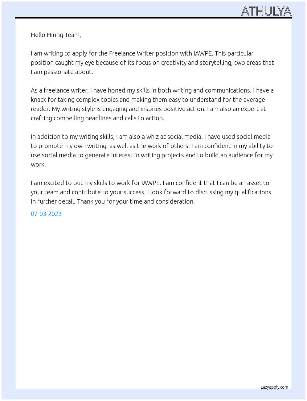 Freelance Writer At IAWPE Cover Letter