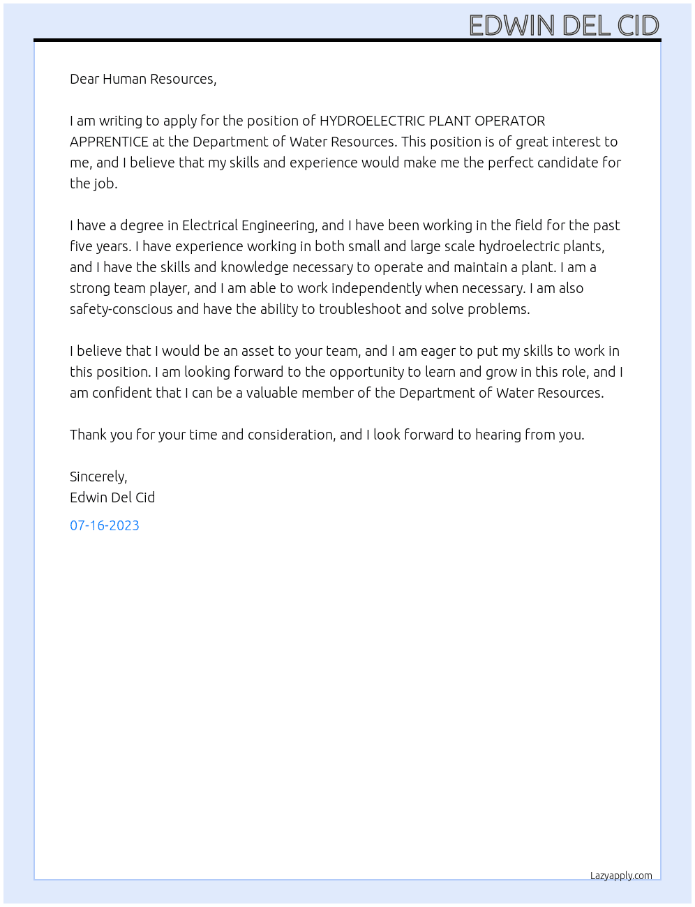  HYDROELECTRIC PLANT OPERATOR APPRENTICE  At Department of Water Resources Cover Letter