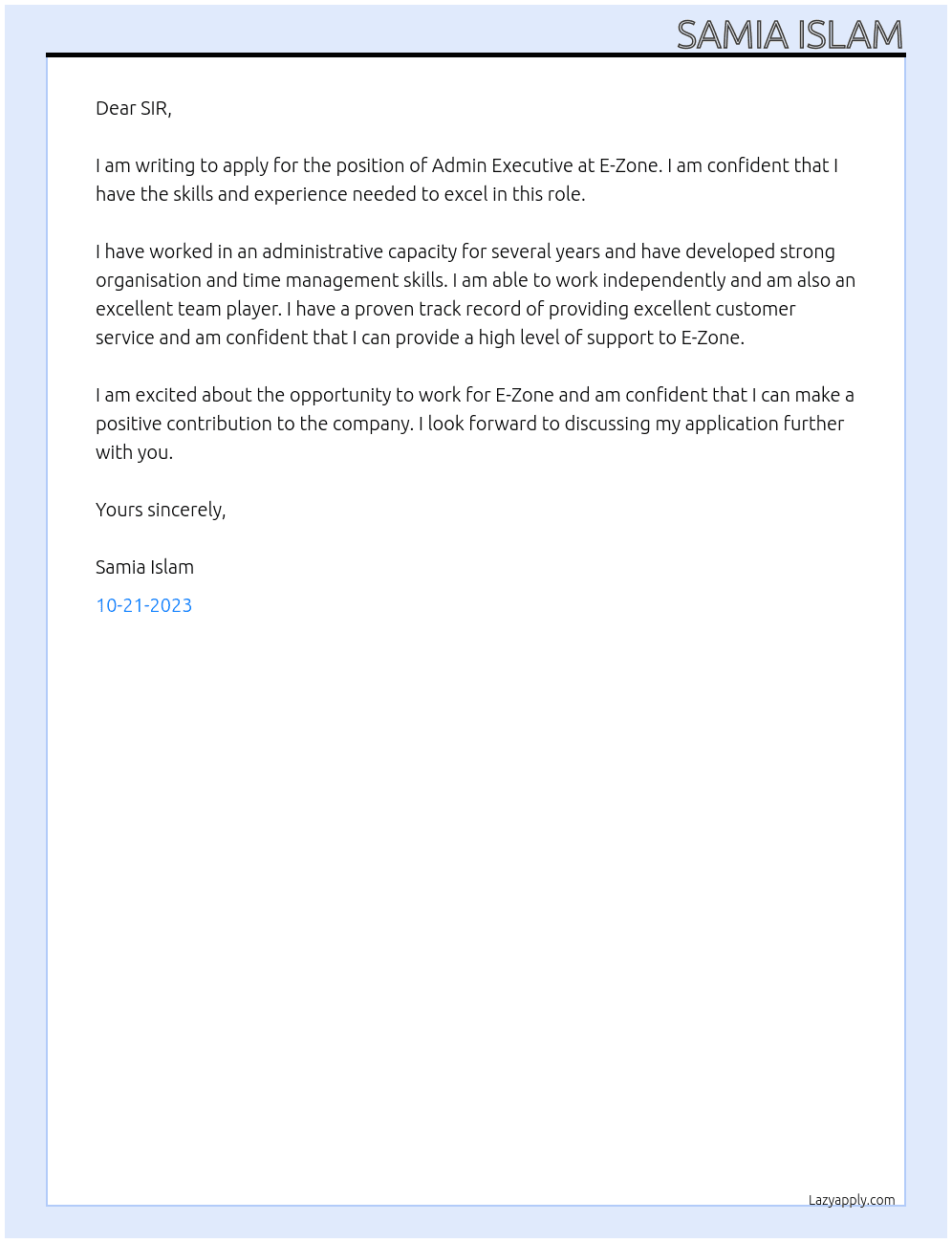 Admin  Executive  At E- Zone Cover Letter