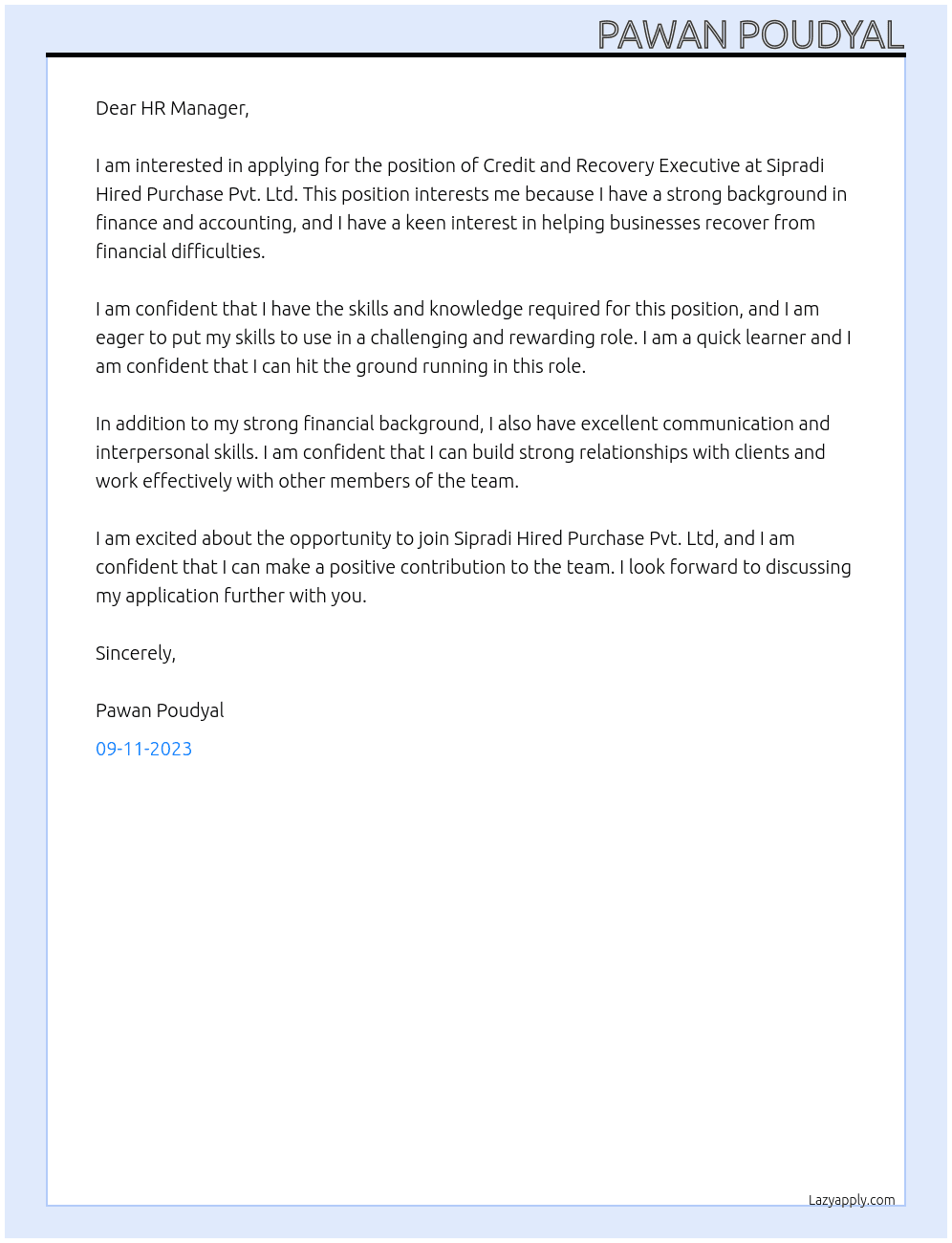credit and recovery executive At Sipradi Hired Purchase Pvt. Ltd Cover Letter