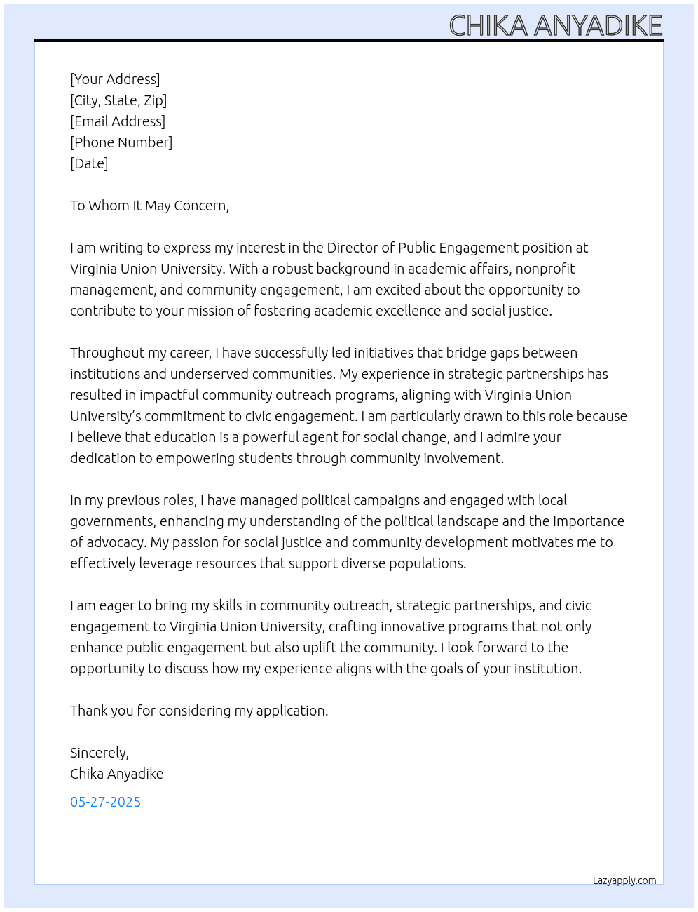 Director of Public Engagement At Virginia Union University Cover Letter