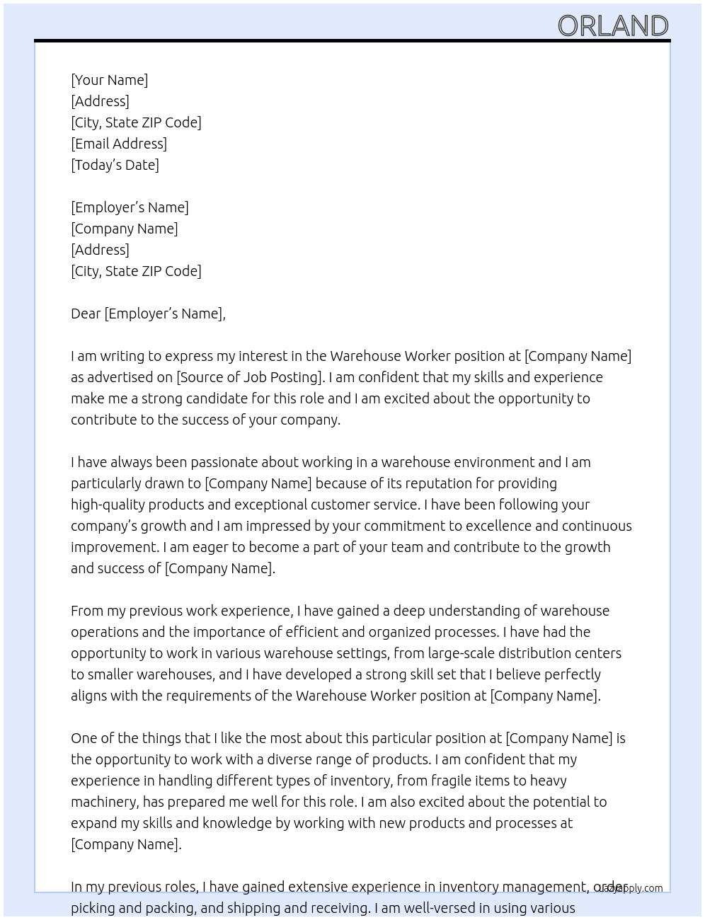warehouse At warehouse worker Cover Letter