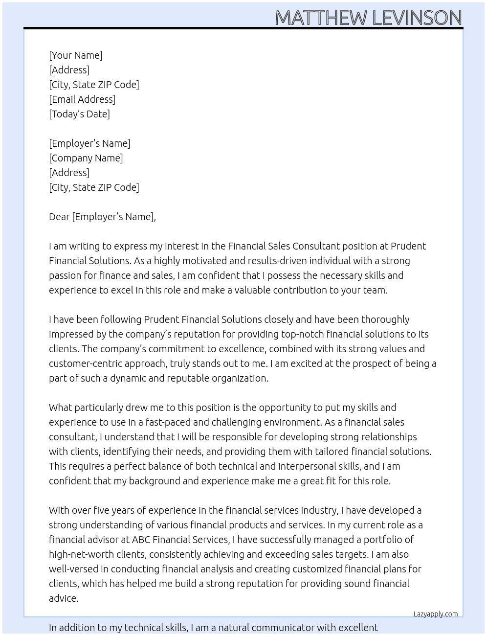 Financial Sales Consultant At Prudent Financial Solutions Cover Letter