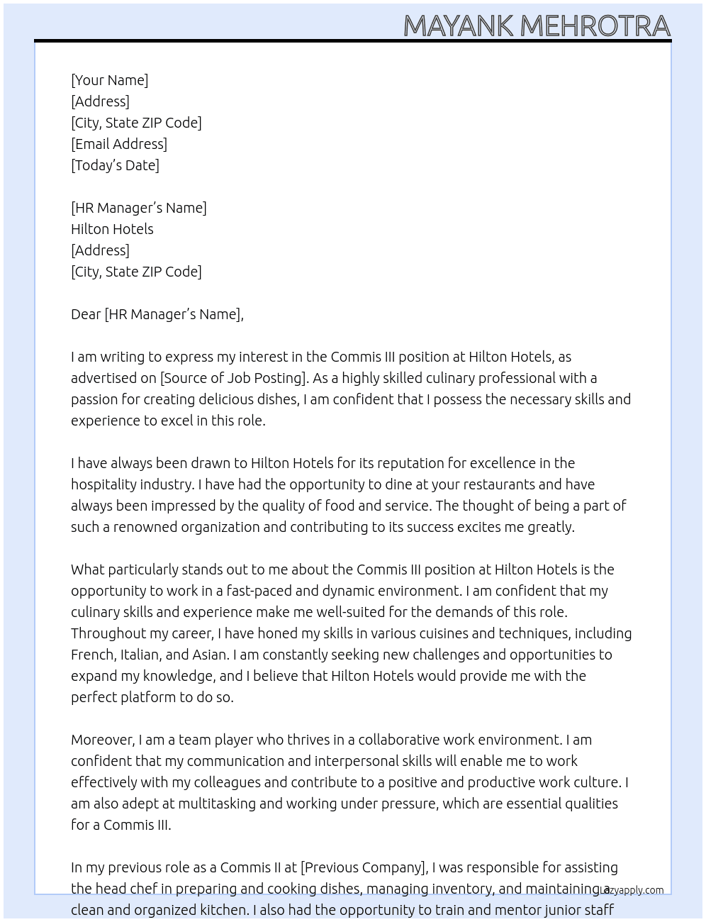 Commis III  At Hilton hotels Cover Letter