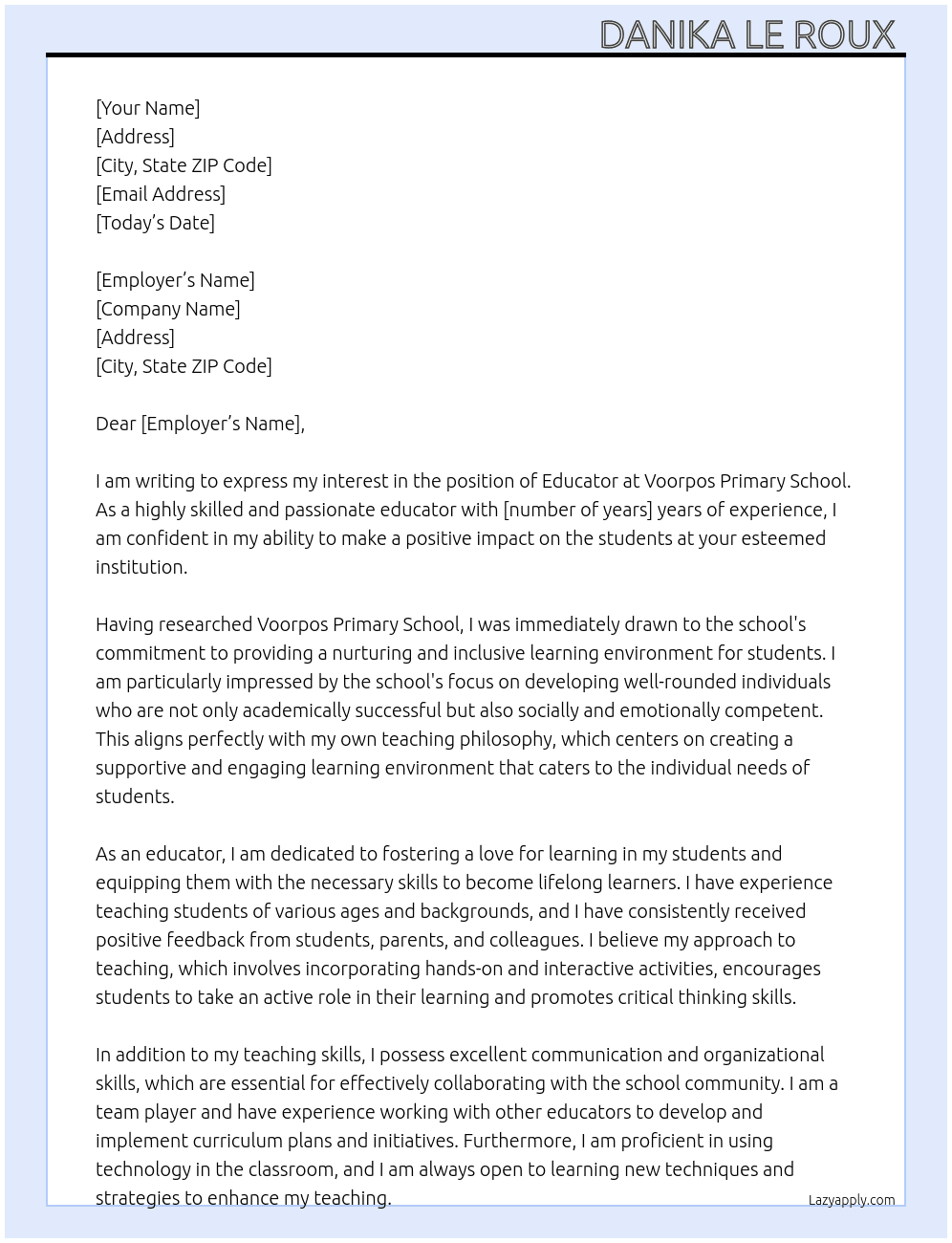 educator At Voorpos Primary school Cover Letter