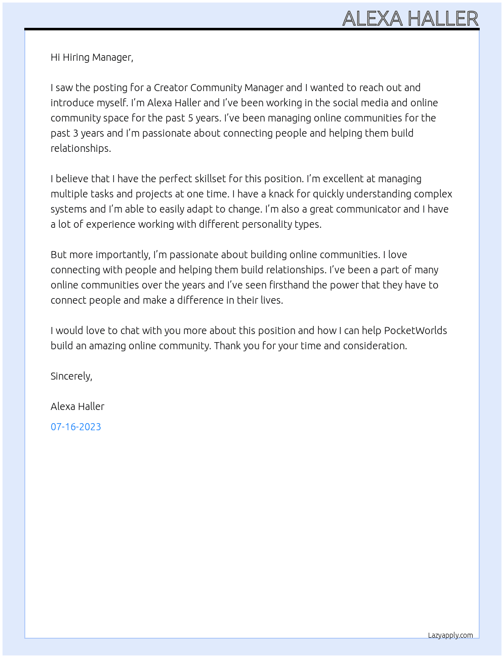 Creator Community Manager At PocketWorlds Cover Letter