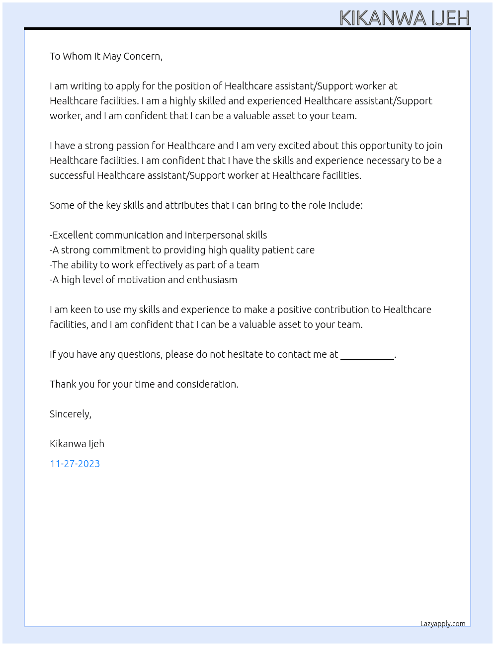 Healthcare assistant/Support worker  At Healthcare facilities  Cover Letter