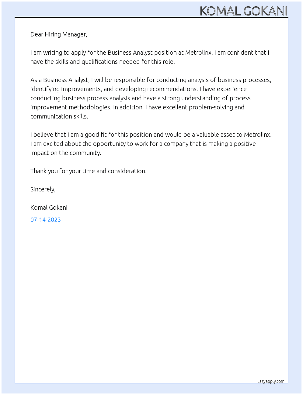 Business Analyst At Metrolinx Cover Letter