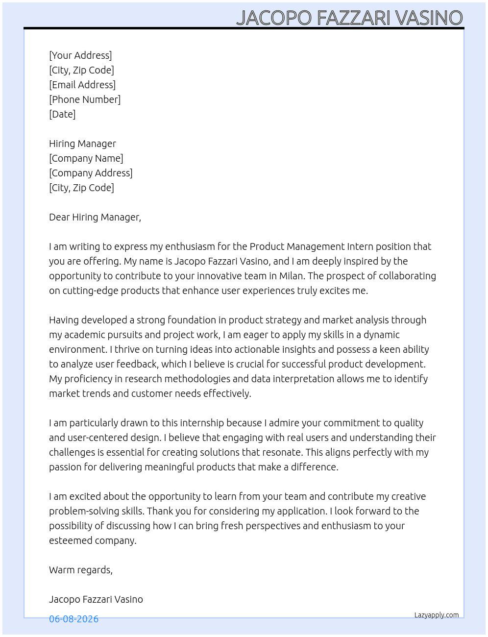 Product Management Intern At none Cover Letter
