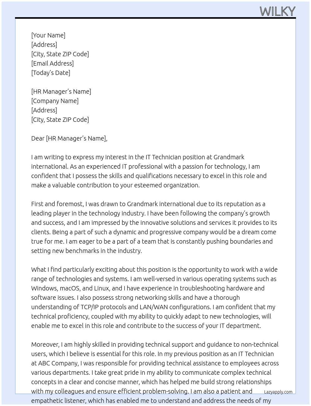 IT Technician At Grandmark international Cover Letter