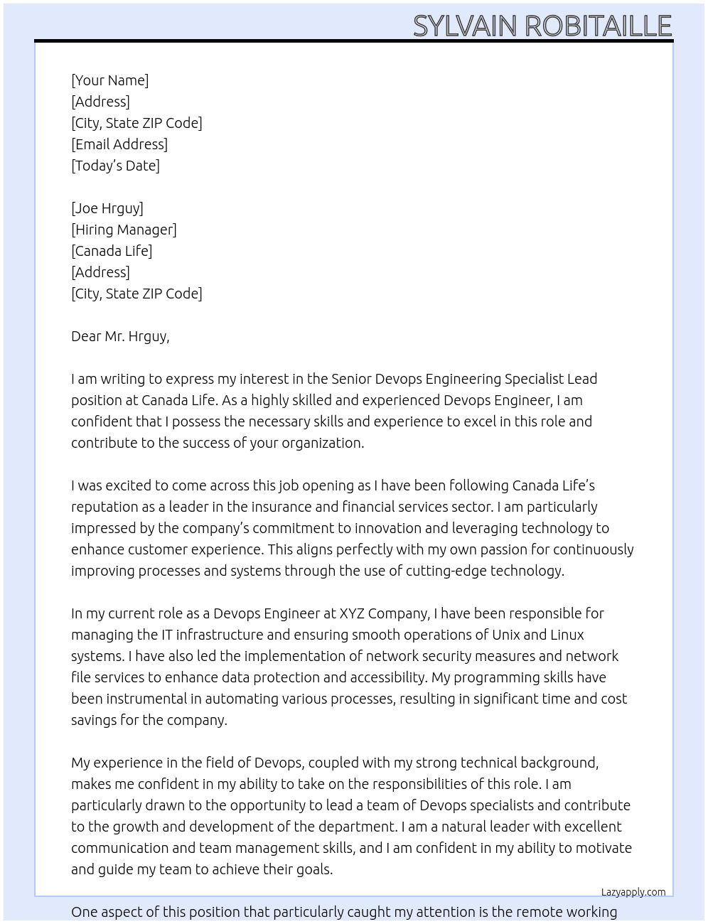 senior Devops Engineering Specialist Lead At Canada Life Cover Letter