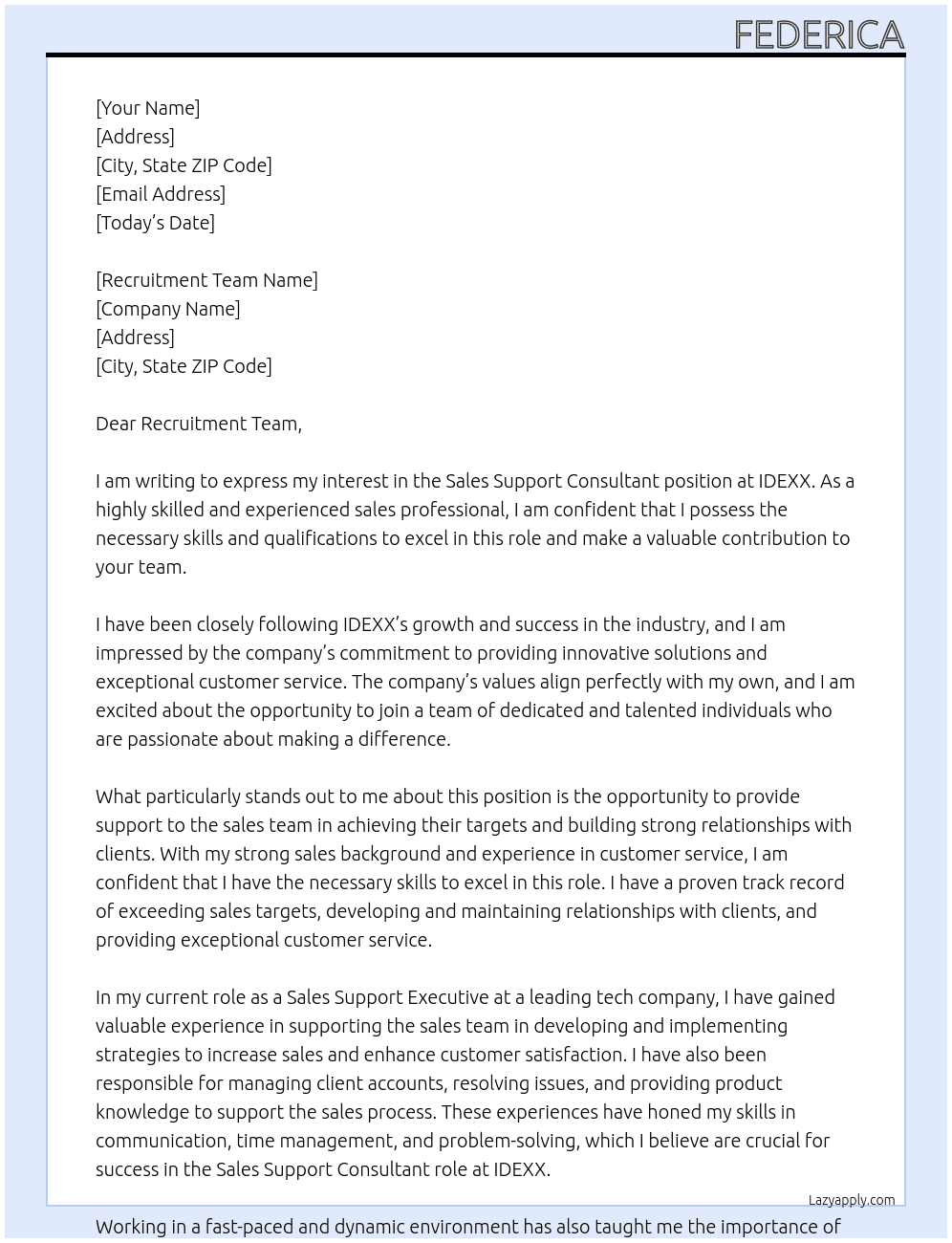Sales Support Consultant At IDEXX Cover Letter