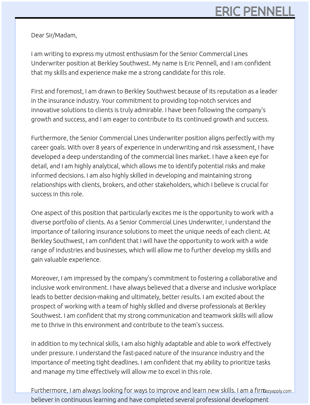 Senior Commercial Lines Underwriter At Berkley Southwest Cover Letter