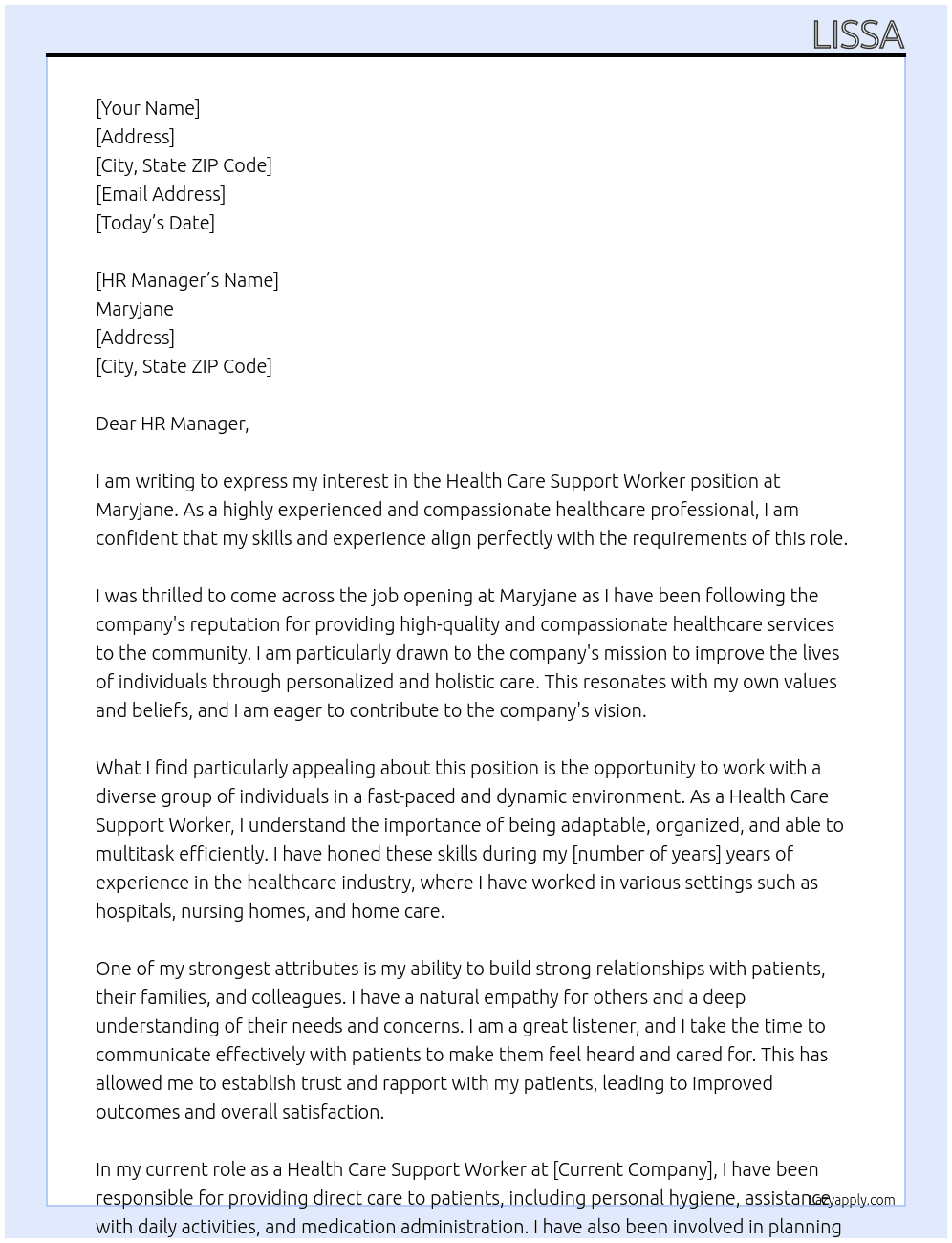 Health Care Support worker At Maryjane  Cover Letter
