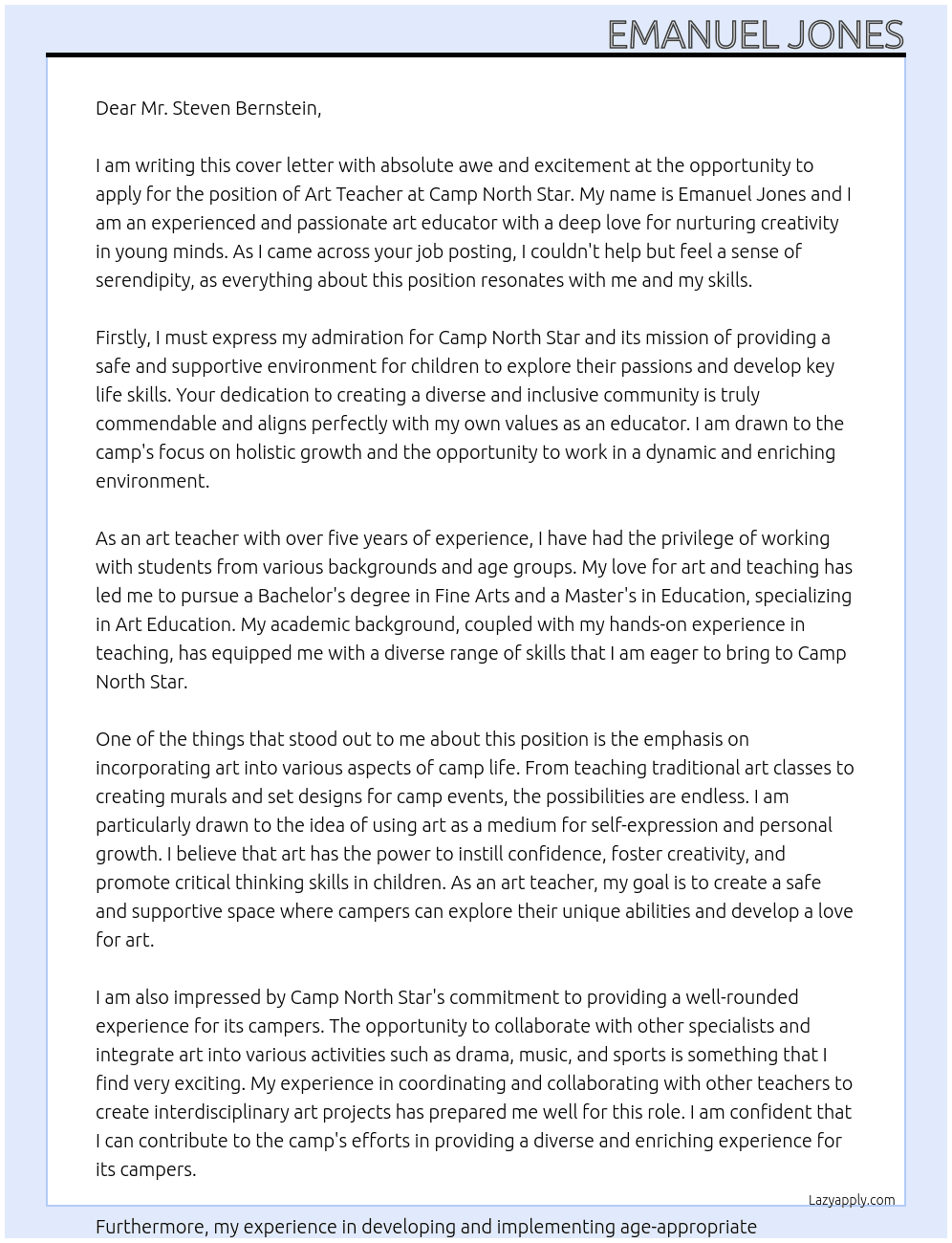 Art teacher At Camp North Star  Cover Letter