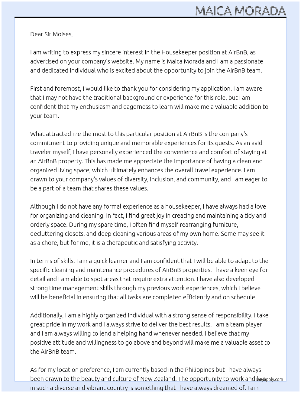 Housekeeper At AirBnB  Cover Letter