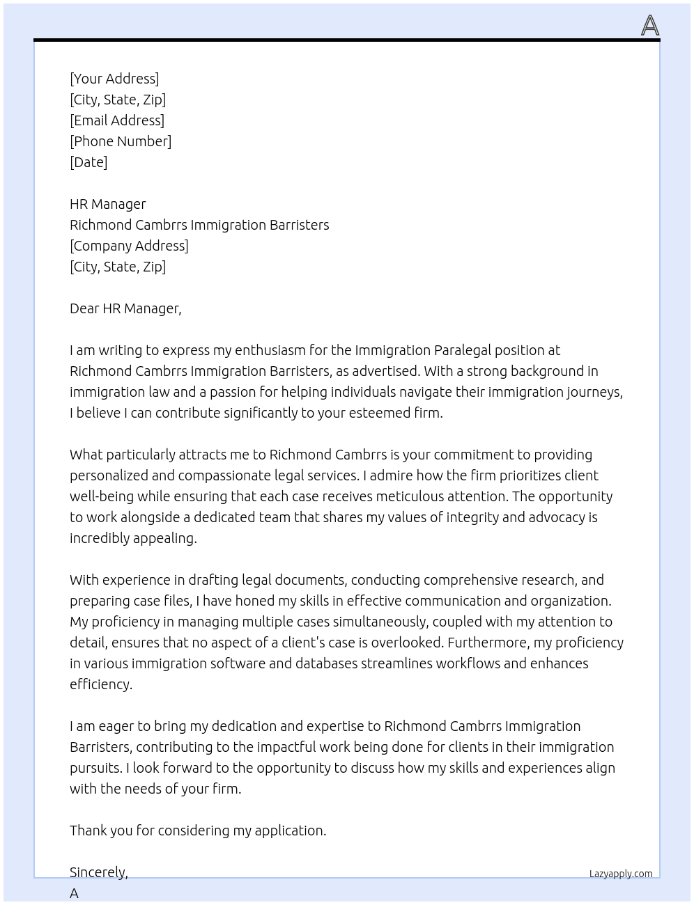 Immigration Paralegal At Richmond Cambrrs Immigration Barristers Cover Letter