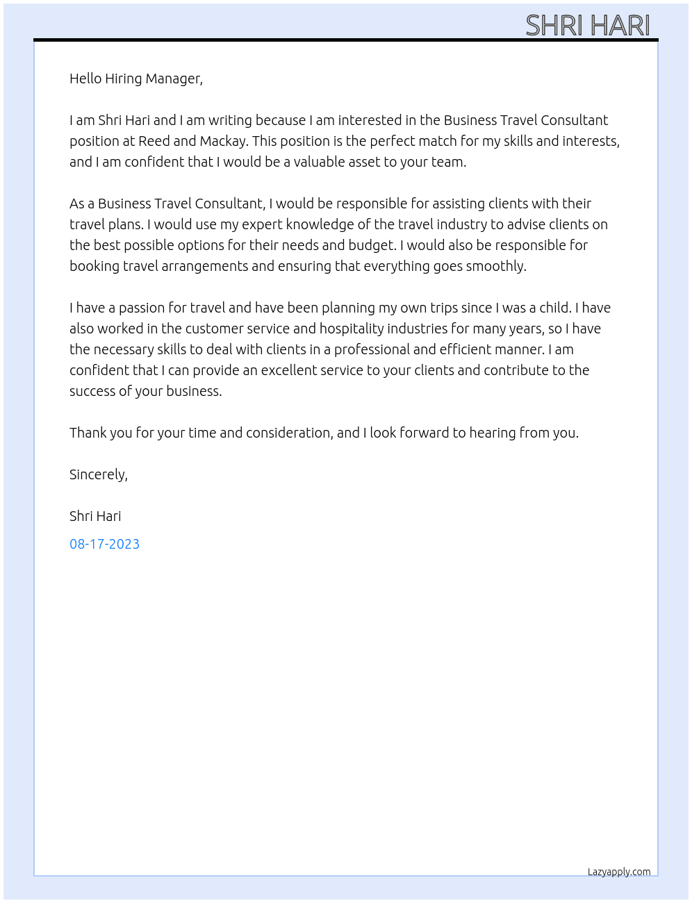 Business Travel Consultant  At Reed and Mackay Cover Letter