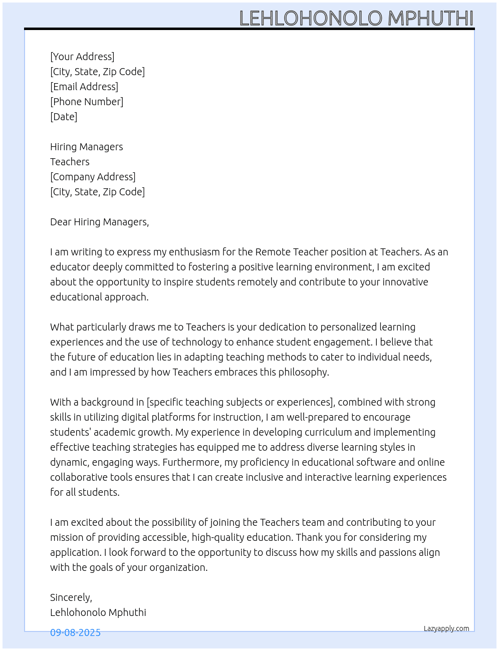 Remote Teachers At Teachers  Cover Letter