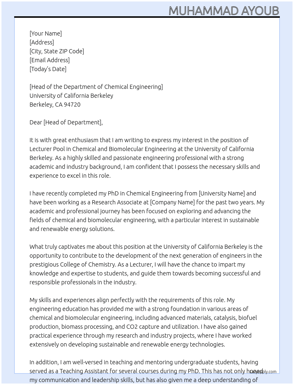 Lecturer Pool - Chemical & Biomolecular Engineering - College of Chemistry At University of California Berkeley Cover Letter