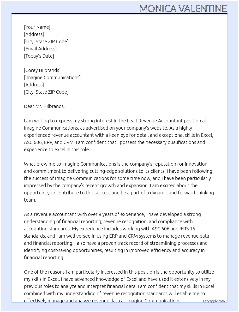 Lead Revenue Accountant At Imagine Communications Cover Letter