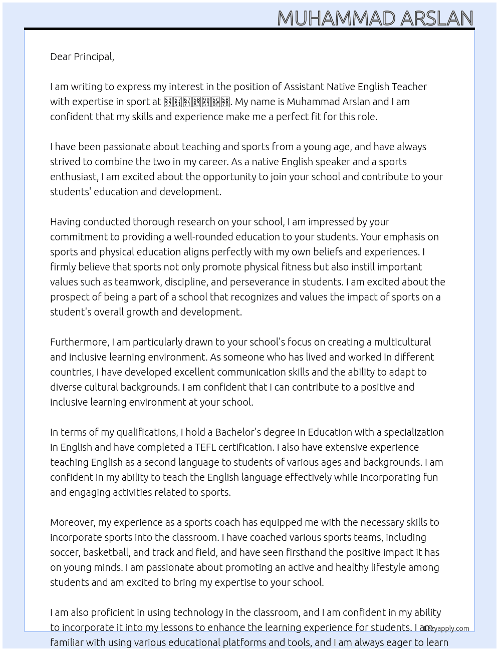 Assistant Native English Teacher with expertise in sport At 大坑東宣道小學 Cover Letter