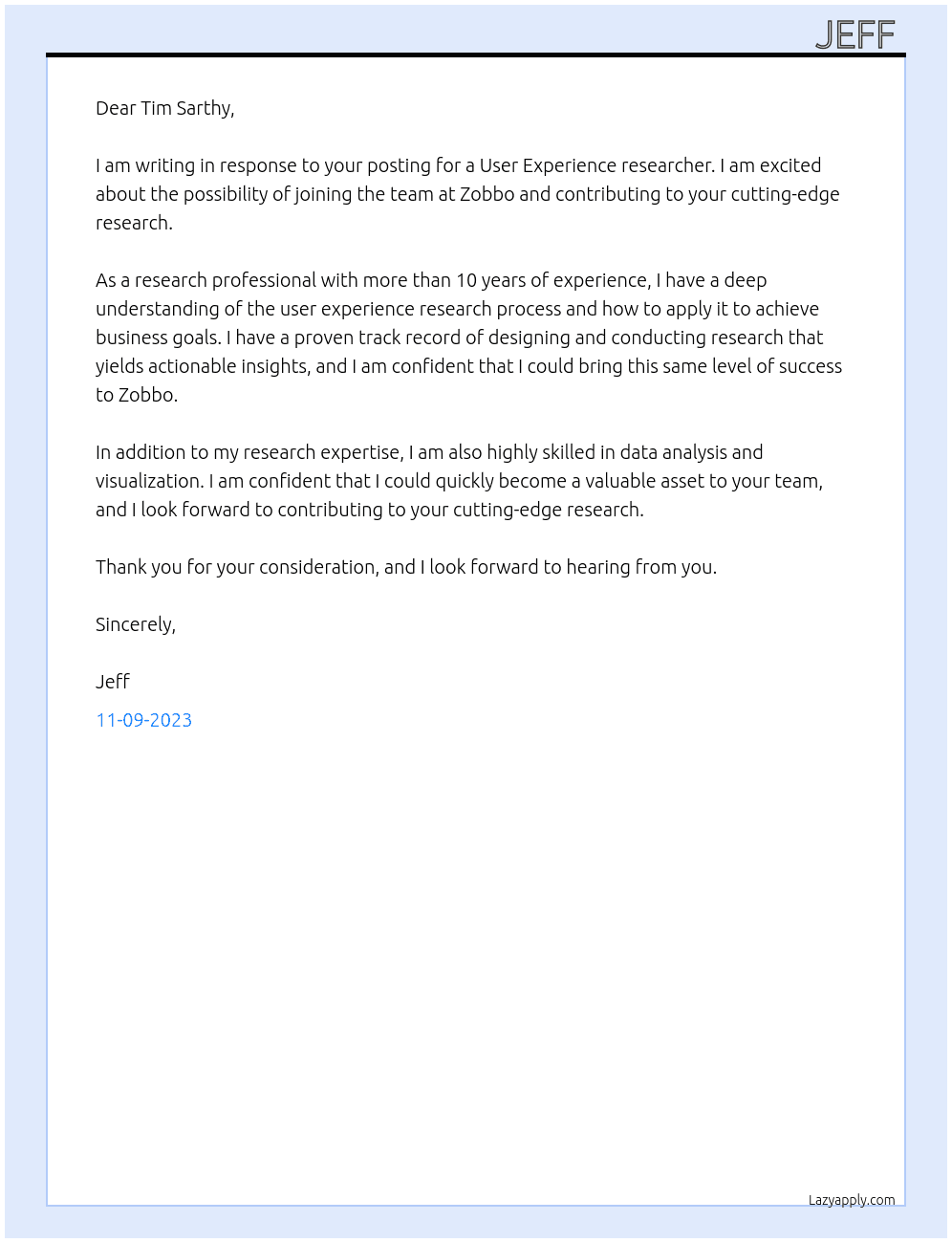User Experience researcher At Zobbo Cover Letter