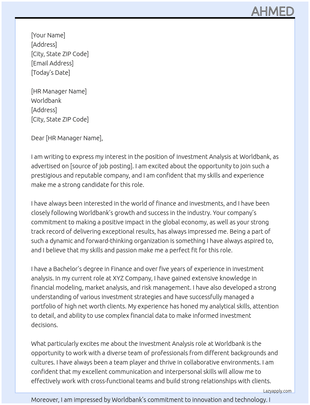 investment analysis At worldbank Cover Letter