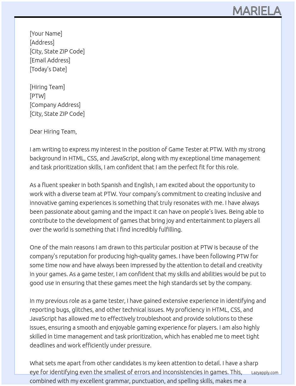 game tester At PTW Cover Letter