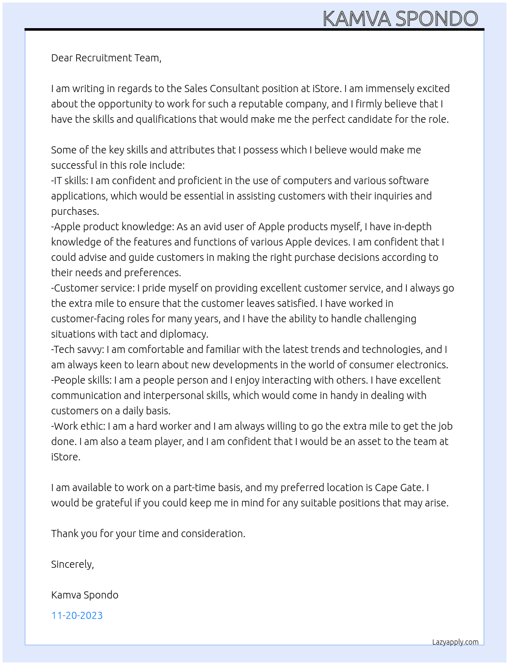 Sales consultant  At iStore Cover Letter