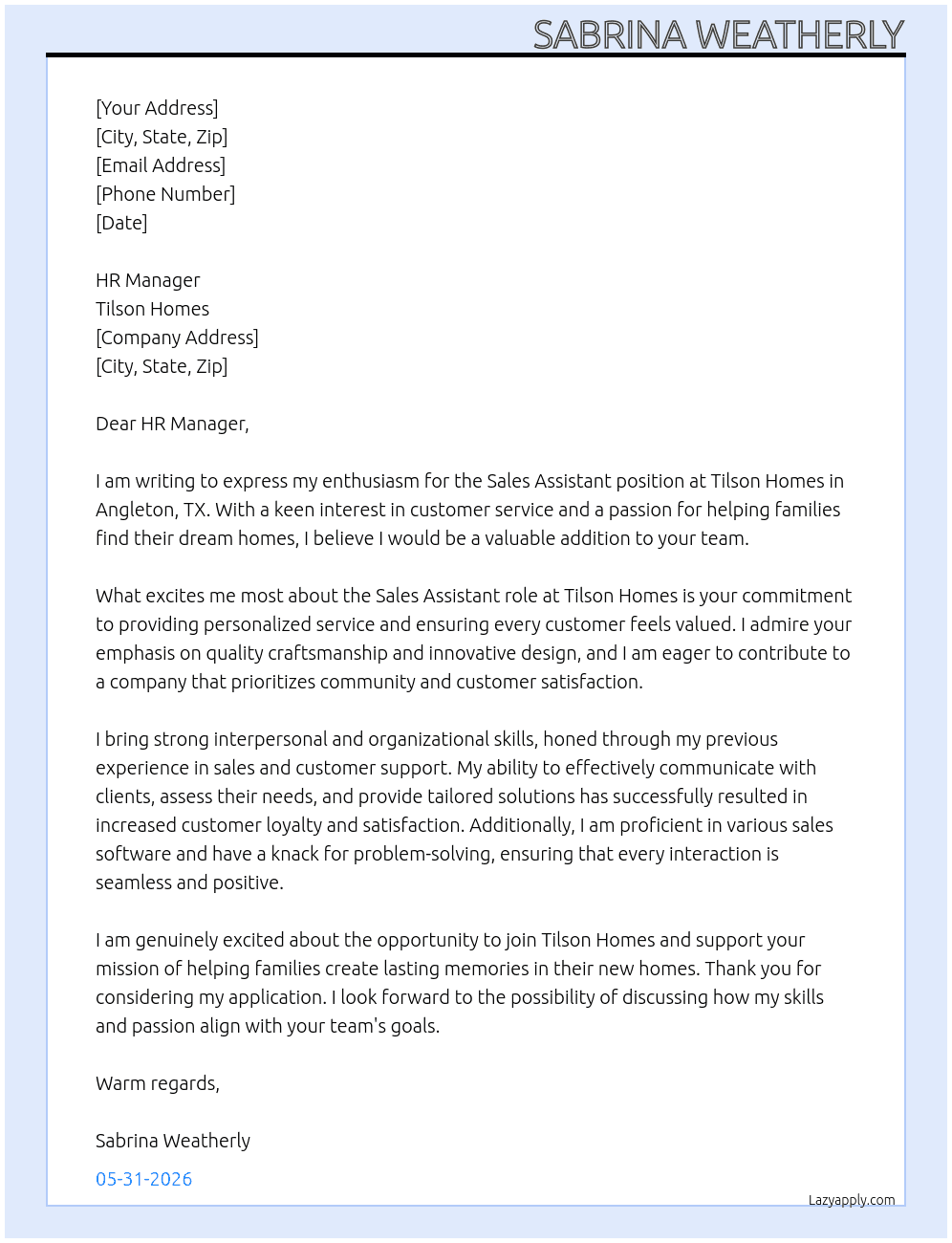 Cover letter for sales assistant - LazyApply