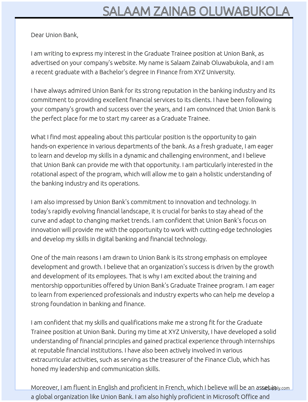 Graduate trainee  At Union bank  Cover Letter