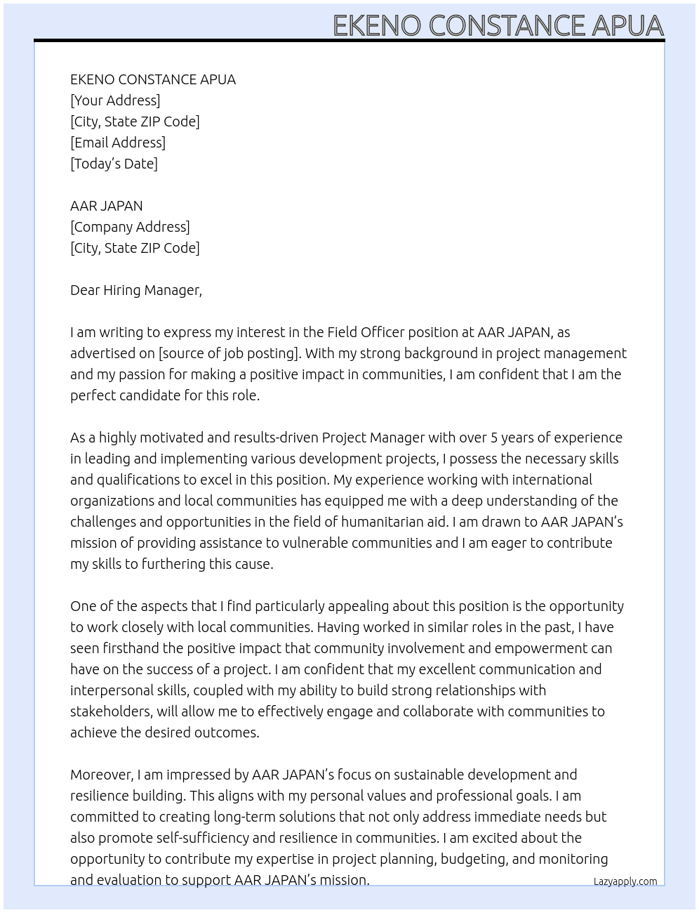 FIELD OFFICER  At AAR JAPAN Cover Letter