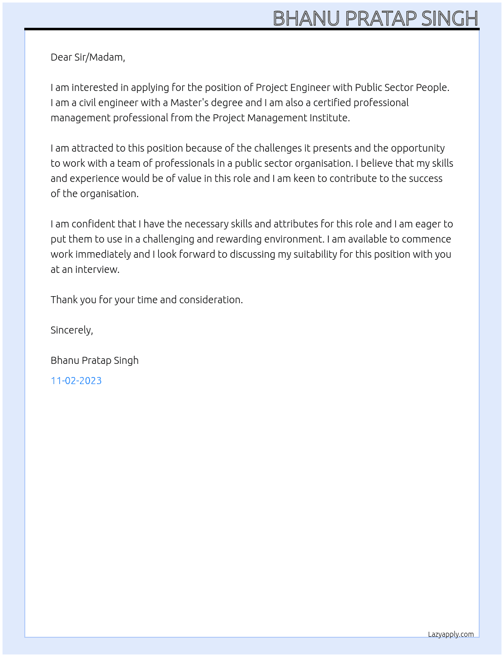Project Engineer At Public sector people Cover Letter