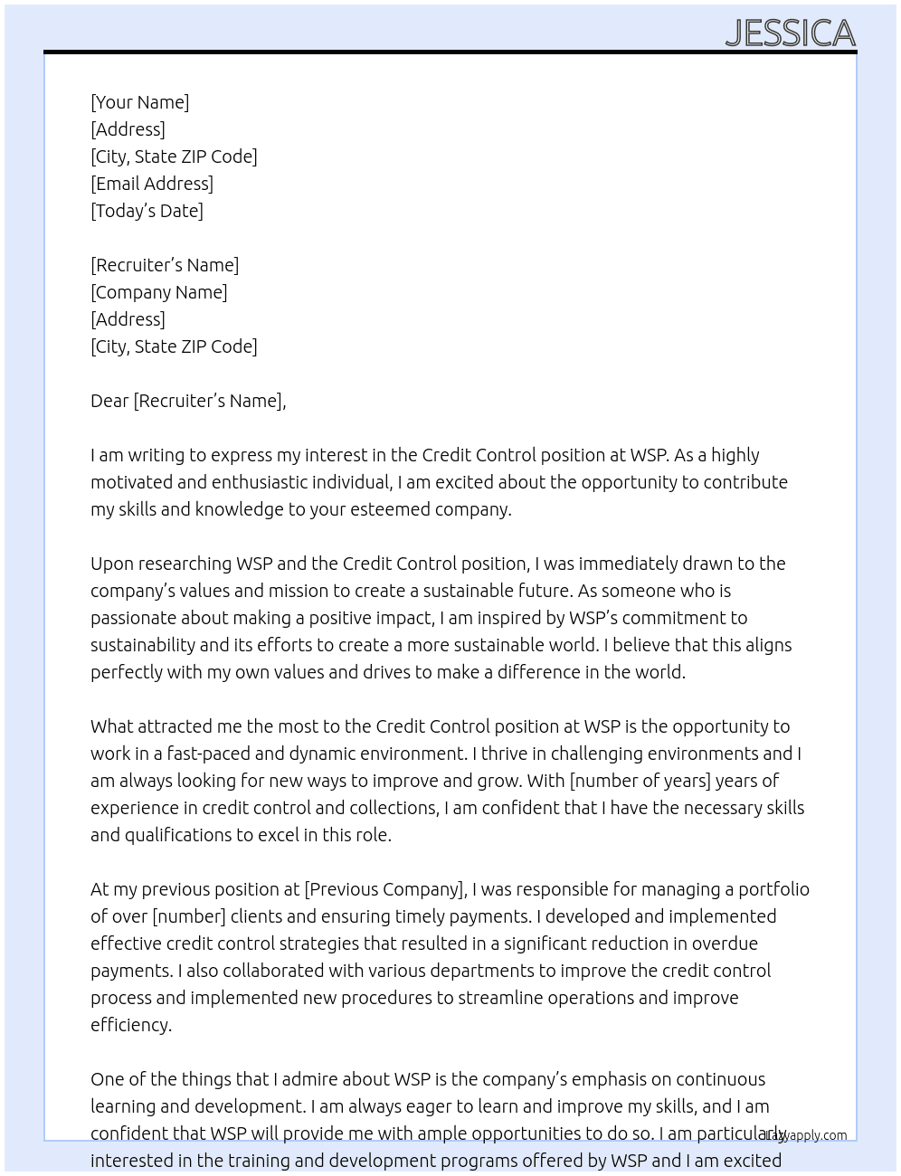 Credit Control At WSP Cover Letter