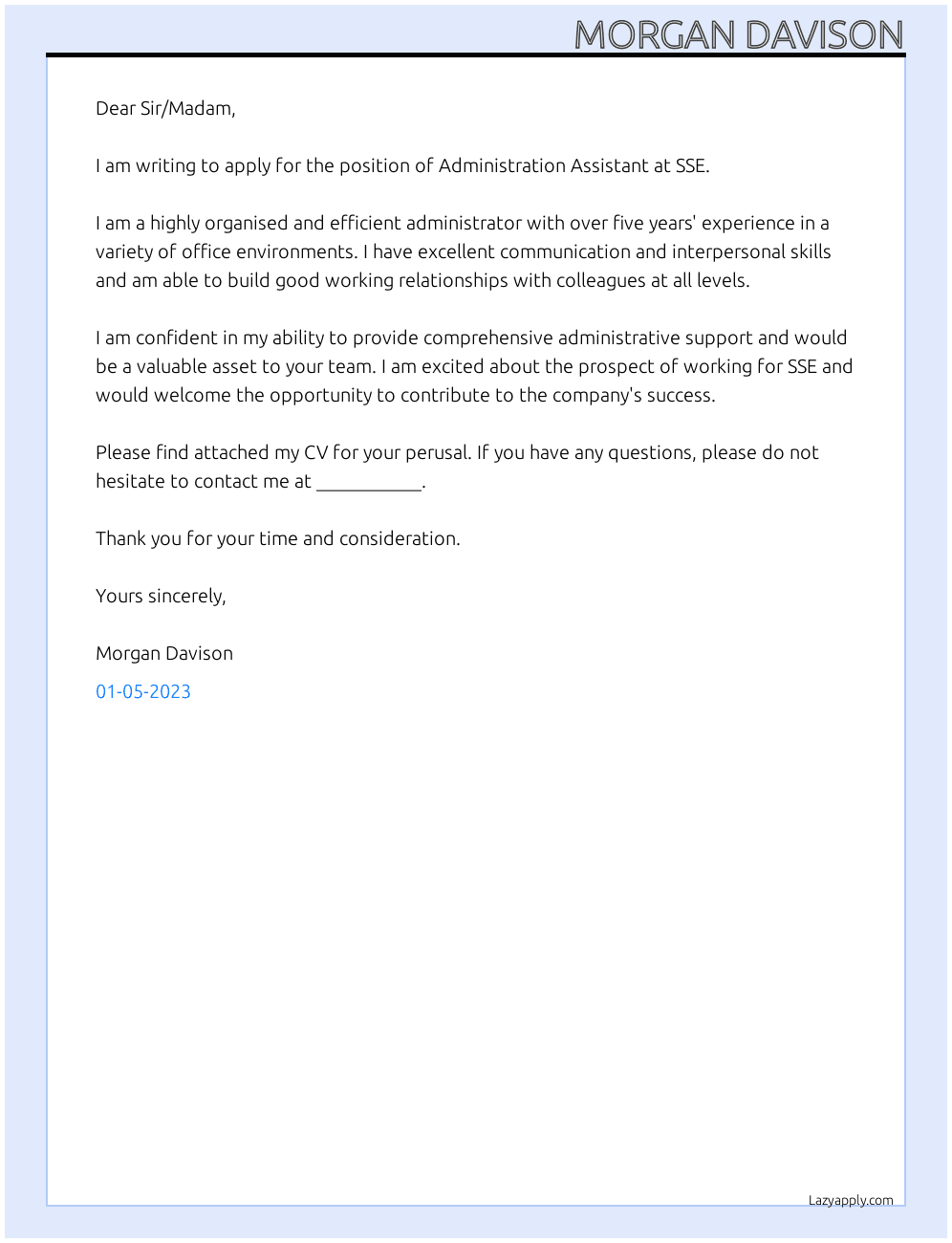 Administration Assistant  At SSE Cover Letter