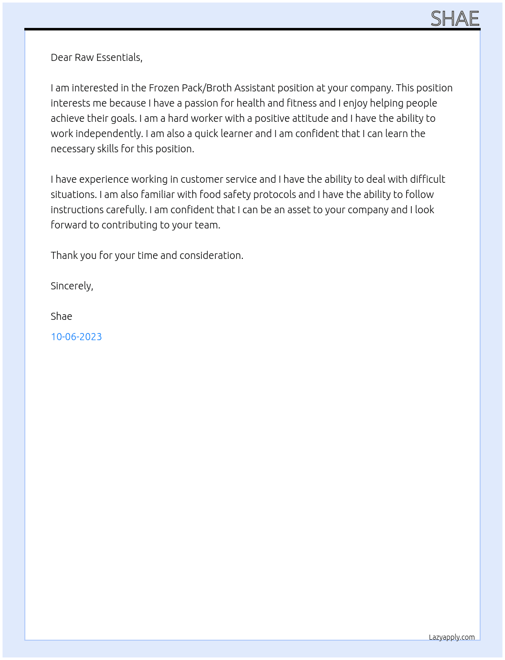 Frozen Pack/Broth Assistant At ,Raw Essentials Cover Letter