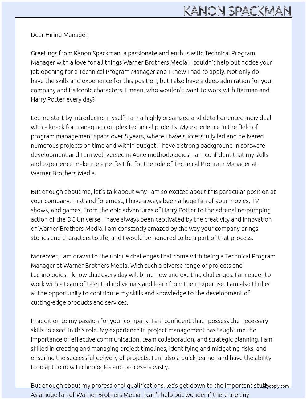 Technical Program Manager At Warner Brothers Media Cover Letter