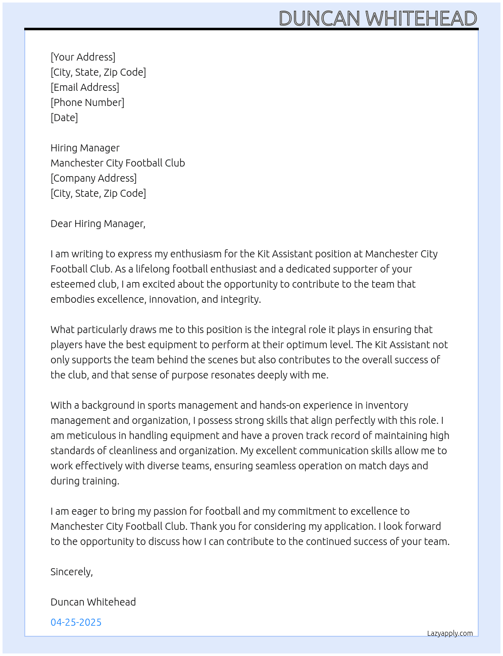 Cover letter for kit assistant - LazyApply