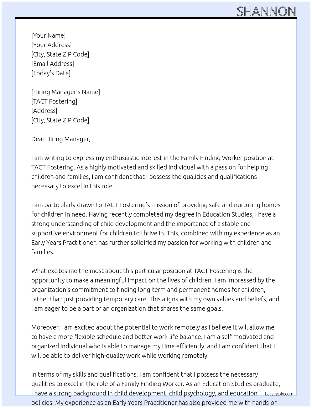 Family Finding Worker At TACT Fostering Cover Letter