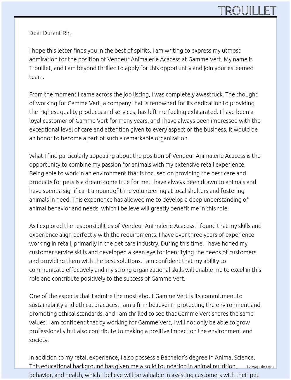 vendeur animalerie acacess At gamme vert Cover Letter