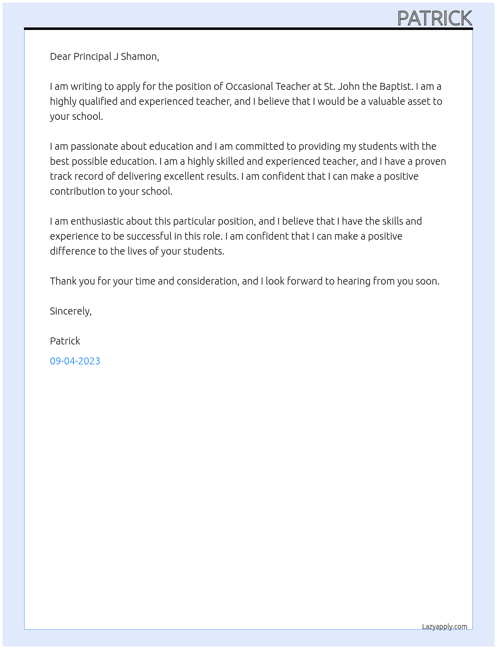 Occasional Teacher At St. John the Baptist Cover Letter