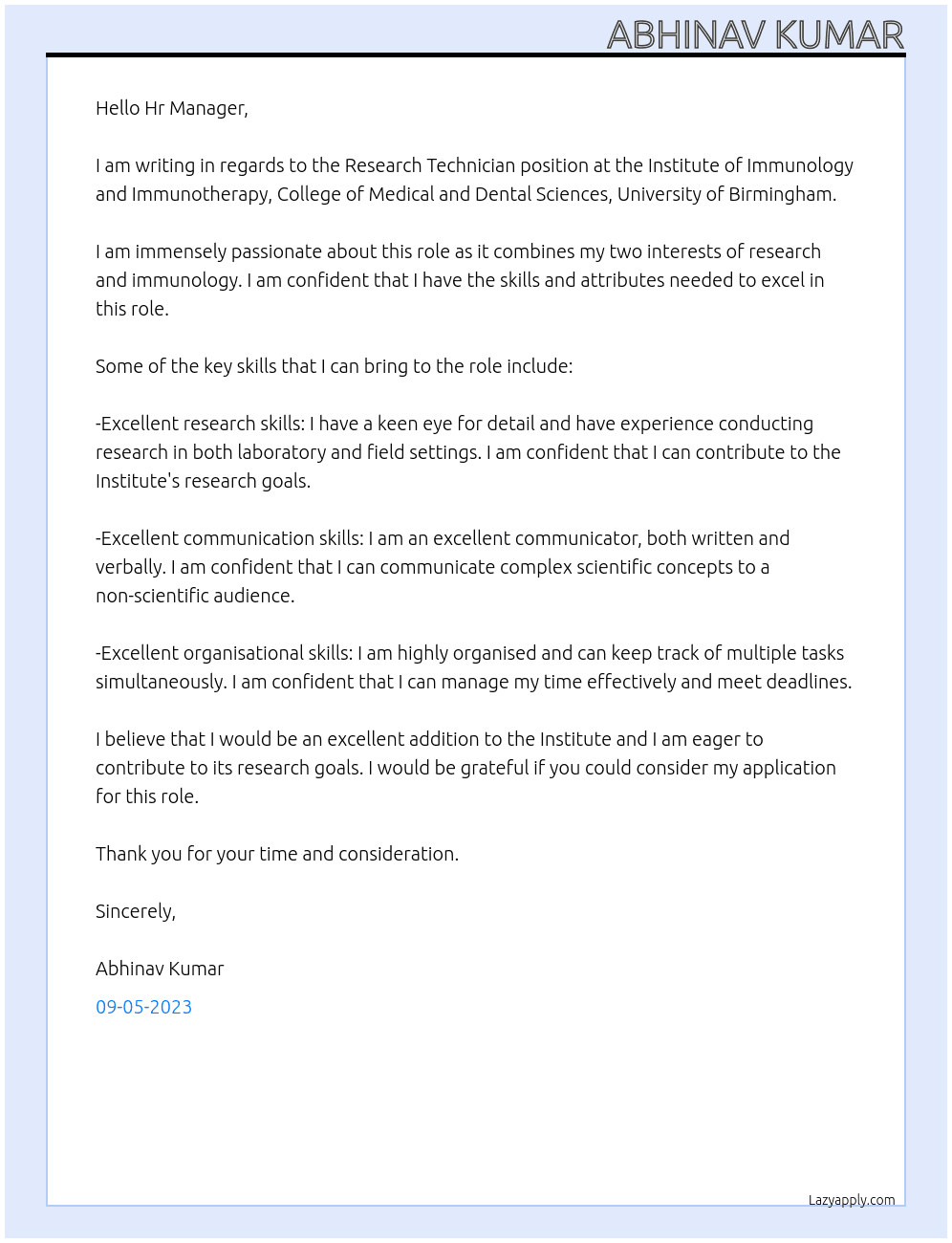 Research Technician At Institute of Immunology and Immunotherapy, College of Medical and Dental Sciences,University of Birmingham Cover Letter