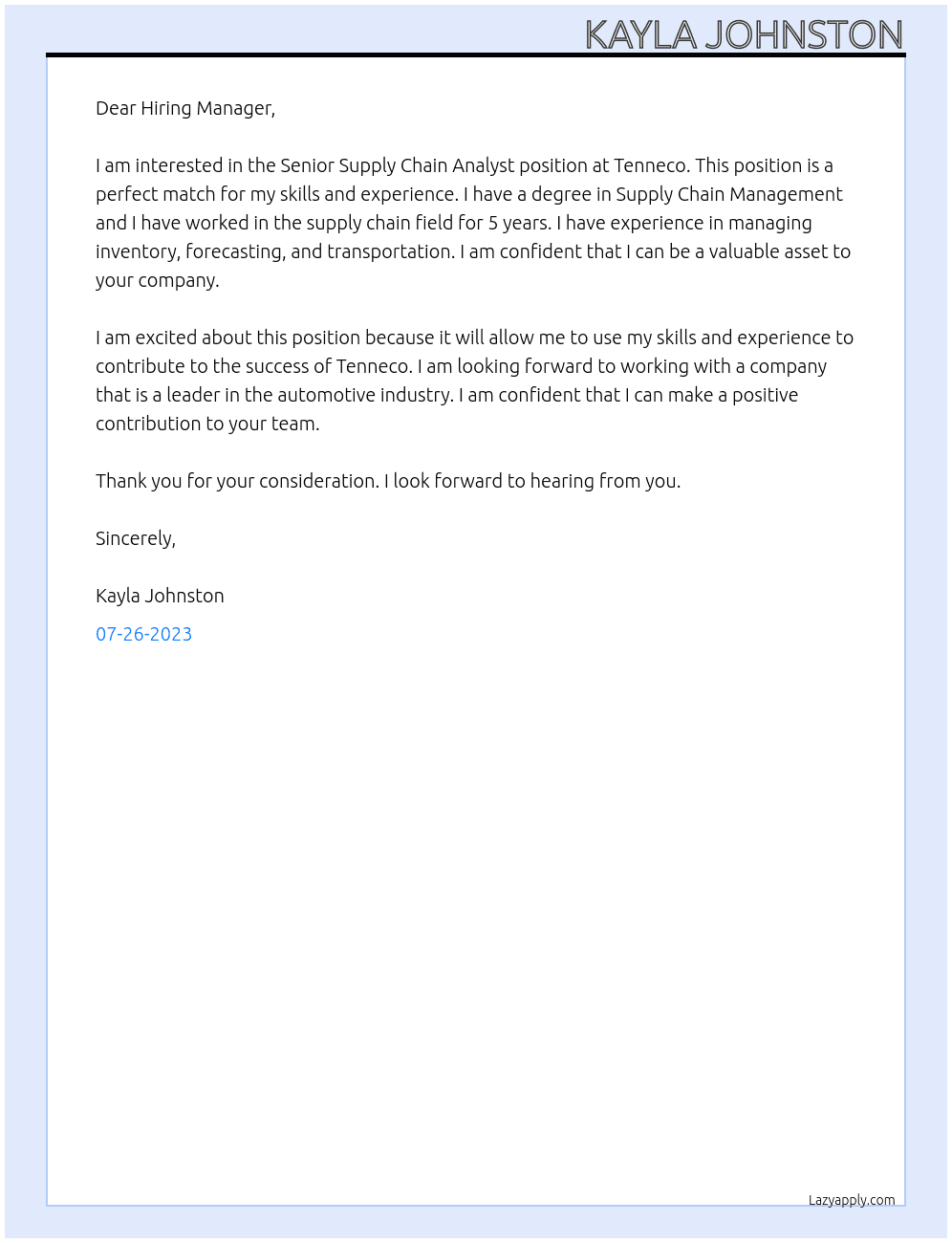 Senior Supply Chain Analyst At Tenneco Cover Letter