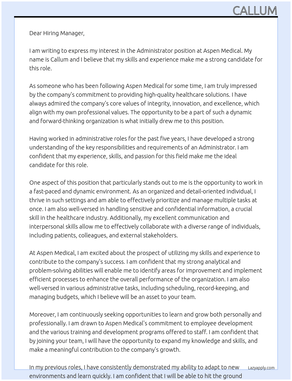 Administrator At Aspen Medical Cover Letter