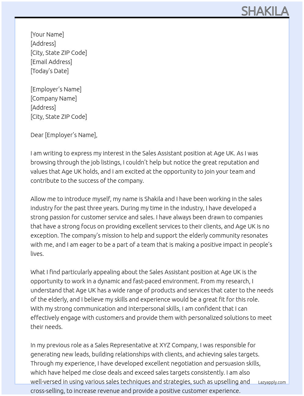 Sales Assistant At age uk Cover Letter