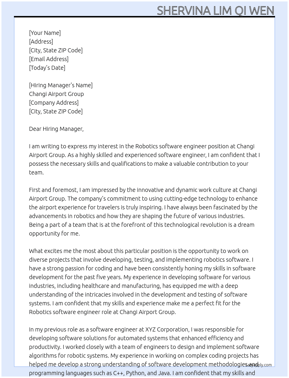 Robotics software engineer At Changi Airport Group Cover Letter